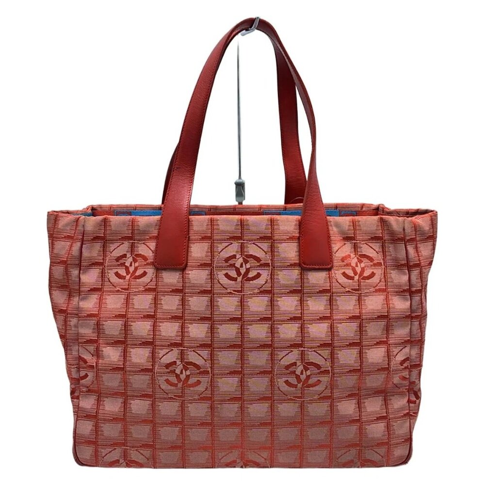 CHANEL New Travel Line Tote MM - Red Nylon Jacquard Leather Tote Bag 454-081525